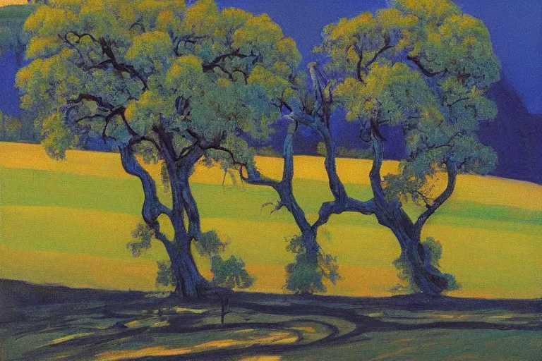 Image similar to masterpiece painting of oak trees on a hillside overlooking a creek, dramatic lighting, by wayne thiebaud