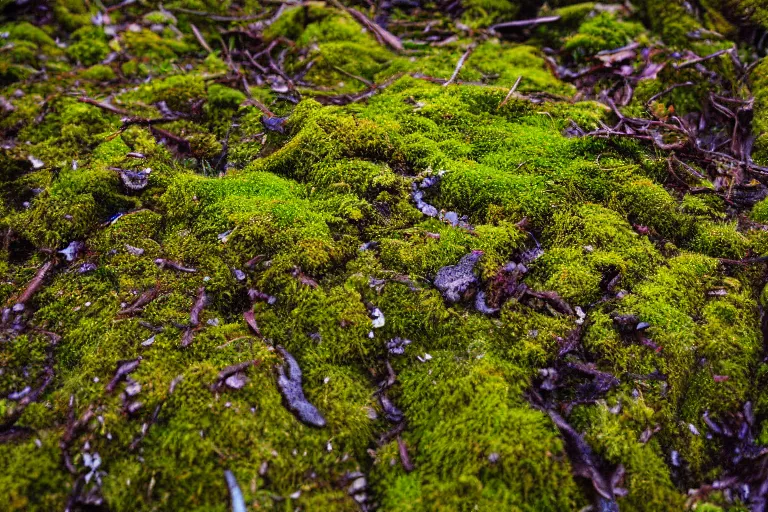 Image similar to macro photograph of moss on the forest floor, bathed in golden light