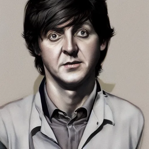 Image similar to Steven Moriseey as Paul McCartney, body portrait, highly detailed, digital painting, artstation, concept art, sharp focus, illustration, art by WLOP and greg rutkowski and alphonse mucha and artgerm