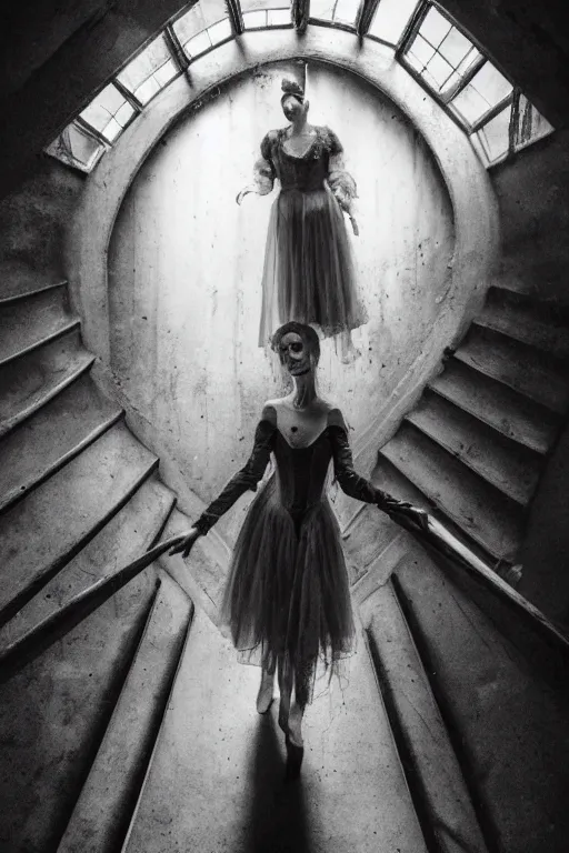 Image similar to dark ballerina, emil melmoth, concept art, deviantart, dark, 3 5 mm, chiaroscuro, surrealist, victorian, mist, dark down the stairs see from above