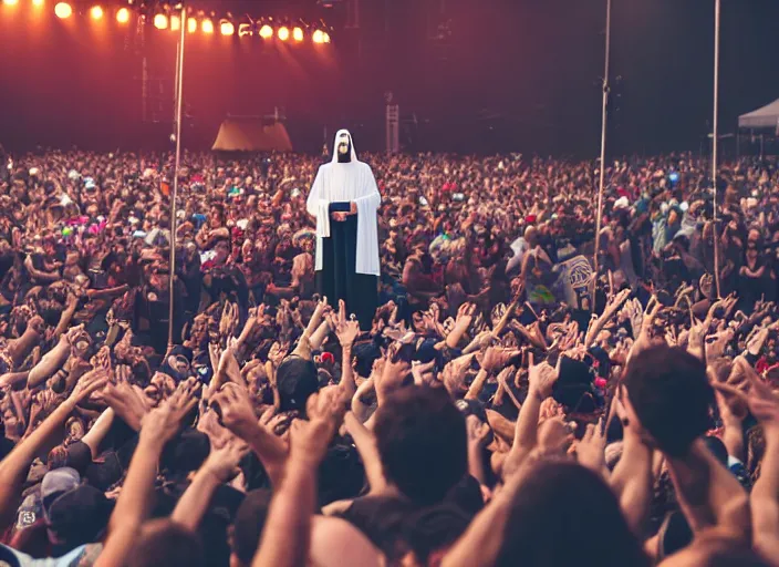 Image similar to photo still of jesus christ on stage at vans warped tour!!!!!!!! at age 3 2 years old 3 2 years of age!!!!!!! throwing bibles to the crowd, 8 k, 8 5 mm f 1. 8, studio lighting, rim light, right side key light