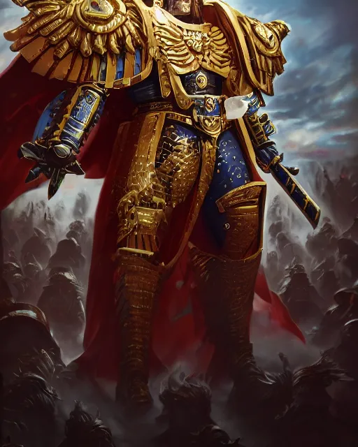 Prompt: gigachad as god emperor of mankind from warhammer 40k, digital portrait of Ernest Khalimov by Dan Mumford and Ross Tran, octane render, 8k, rtx on, trending on ArtStation