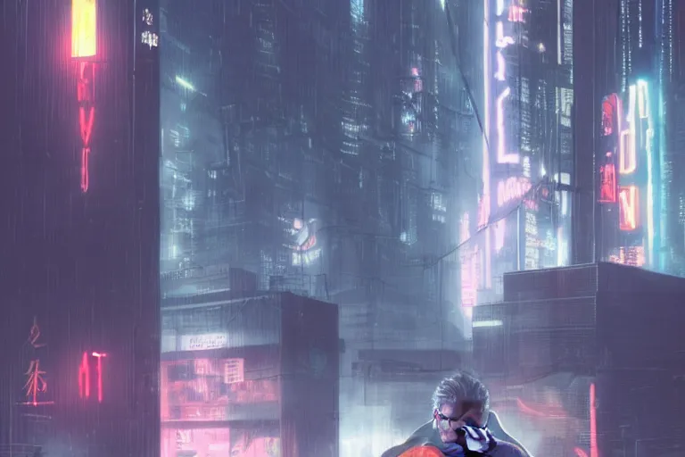 Image similar to roy batty with a bare torso sits in the lotus position with his head bowed in the rain on the roof of a building in the cyberpunk future, around neon signs, a little haze, night, realistic proportions, anime style ghost in armor