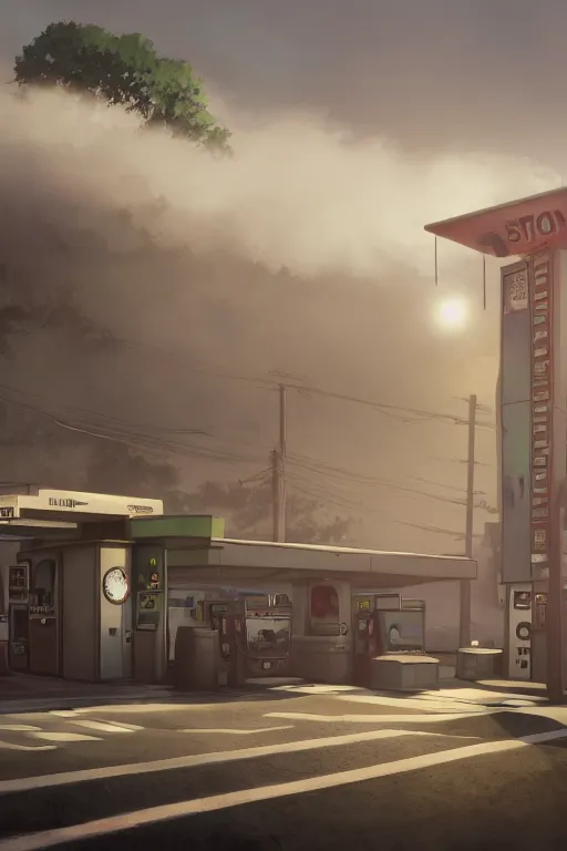 Image similar to a highly detailed matte painting of a single gas station with a sign in the fog by studio ghibli, makoto shinkai, by artgerm, by wlop, by greg rutkowski, volumetric lighting, octane render, 4 k resolution, trending on artstation, masterpiece