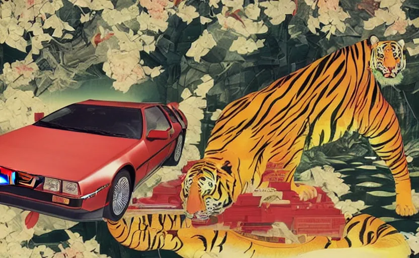 Image similar to a red delorean with a giant yellow tiger, art by hsiao - ron cheng and utagawa kunisada in a magazine collage, # de 9 5 f 0