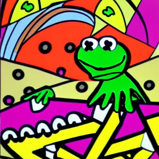 Prompt: kermit the frog in the style of romero britto