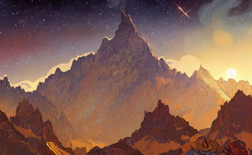 Prompt: mountains, stars and paisley filled sky, artstation, intricate, highly detailed, digital painting, concept art, sharp focus, illustration by Charles Williams and Alphonse Mucha