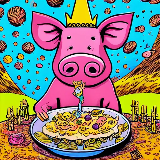 Image similar to trippy comic art of a pig wearing a gold crown eating snacks, drawn by Martin Rowson, Tim Burton, Studio Ghibli, Alex Pardee, Nekro Petros Afshar, James McDermott, colors by lisa frank, unstirred paint, vivid color, cgsociety 4K