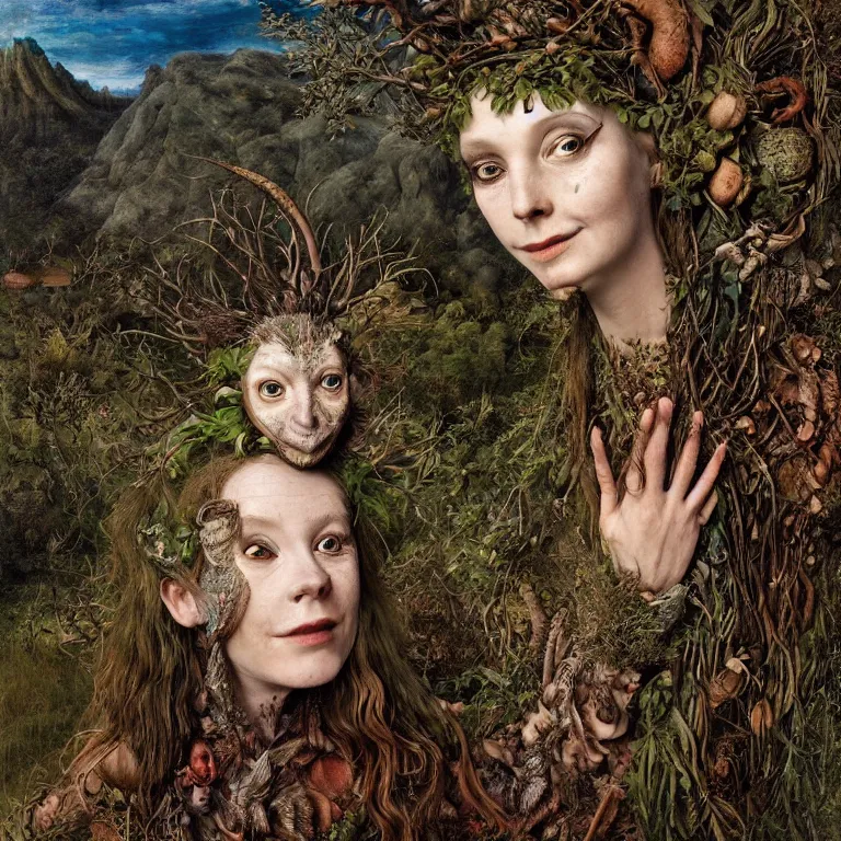 Prompt: a fish eye lense photograph of a grinning druid dryad with goat pupils transforming herself into a mad beast. her skin is covered in scales and feathers. wide landscape with mountains, river and night sky. painted by jan van eyck, max ernst and ernst haeckel, trending on artstation, 8 k, award winning, hard lighting, fashion editorial