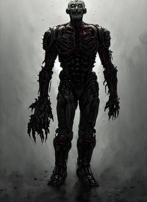 Image similar to robert englund as victor stone, full body concept, cyborg, borg, strogg, face of a man, terminator, flesh, quake strogg, doom demon, wolfenstein, monstrous, powerful, symmetry, symmetrical, concept art by ruan jia and greg rutkowski