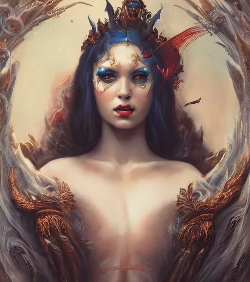 Prompt: portrait of the queen of the underworld by karol bak, James Jean, tom bagshaw, rococo, trending on artstation, cinematic lighting, hyper realism, octane render, 8k, hyper detailed.