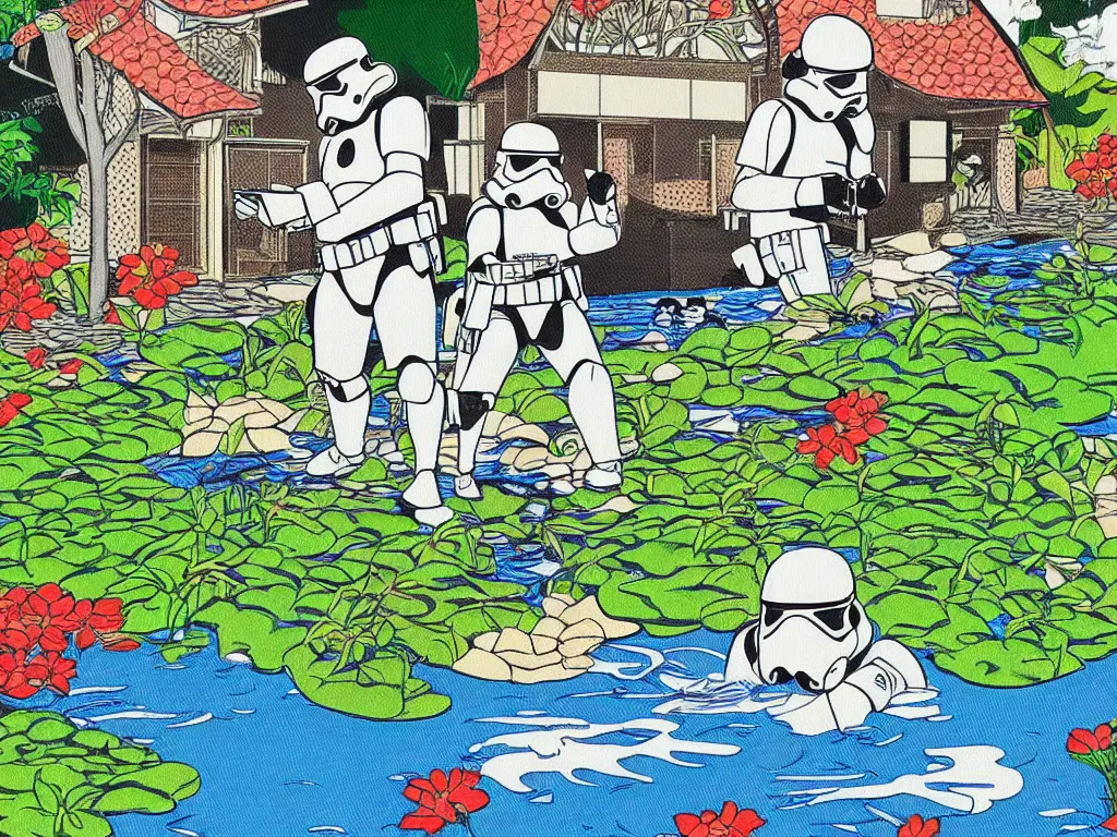 Prompt: super - detailed close - up image of the japanese home with a garden and pond, 2 stormtroopers sitting around it, in style of pop - art, andy warho style, roy lichtenstein style, jackie tsa stylei, bright palette, acrylic on canvas