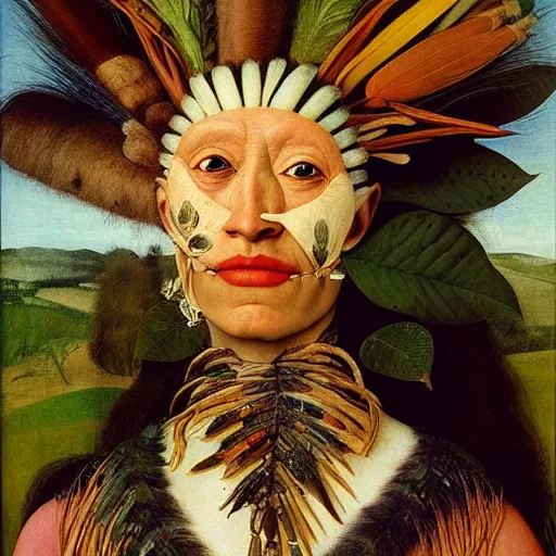 Prompt: portrait photo of a woman with Iroquois made from plant parts, Perfect face, extremely high details, realistic, by Giuseppe Arcimboldo, Edward Hopper, Rene Margitte