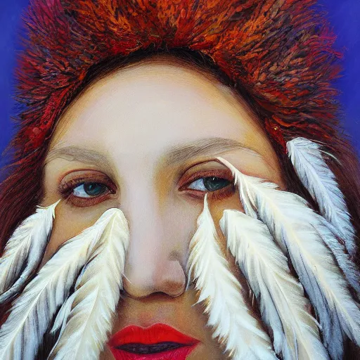 Image similar to a head covered in feathers, oil on canvas