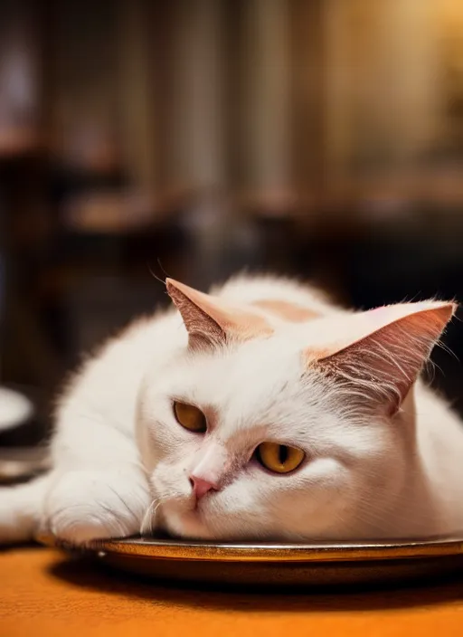 Image similar to photograph of a fat cat lying on a restaurant table 4k, high details, trending on Artstation