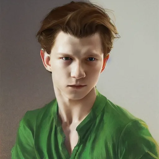 Prompt: attractive tom holland wearing green tunic by ruan jia, portrait