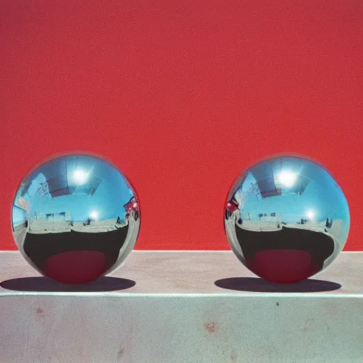 Prompt: chrome spheres on a red cube, kodak portra 160 photograph