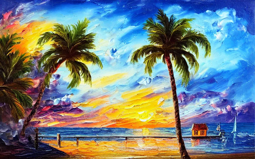 Prompt: in a sea is a tiny island with a cute cozy cottage with a terrace, a paved garden courtyard with benches and a fountain, palm trees, sunset, puffy clouds, dramatic and dynamic lighting, thick brush strokes oil impasto painting