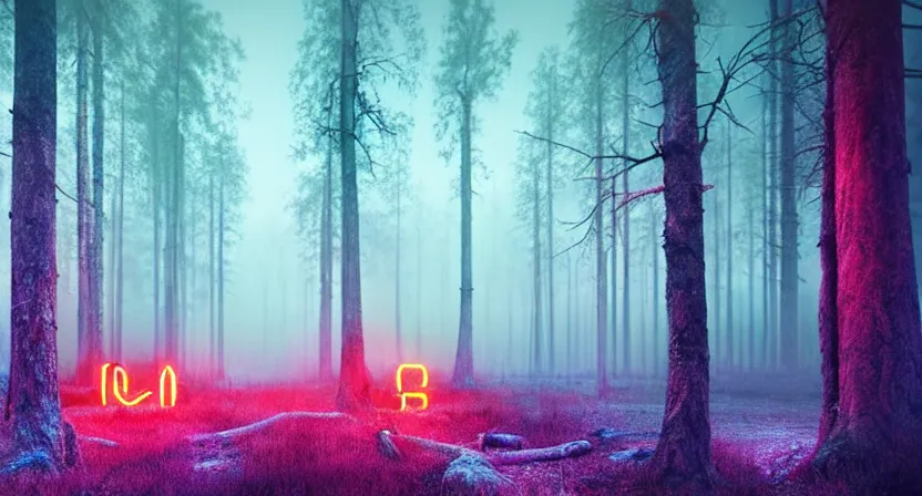 Prompt: national geographic photo of dark russian forest, soft colors, bright neon on trees, retro-futurism, atomic heart game concept render