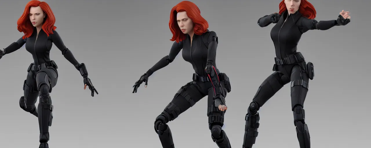 Image similar to action figure of Black Widow Scarlett Johansson in a dynamic pose, full subject in frame, cinematic, vray rendering, 3d occlusion