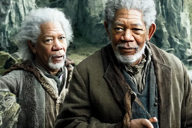 Image similar to promotional image of Morgan Freeman as Bilbo Baggins in The Hobbit: An Unexpected Journey (2012) directed by Peter Jackson, movie still, promotional image, imax 70 mm footage