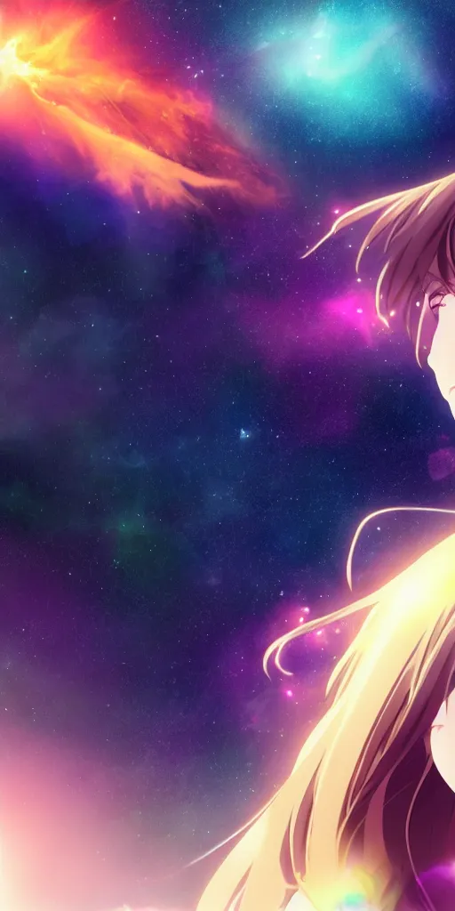 Image similar to anime girl in space staring at a nebula exploding in the distance, close-up side-view face shot