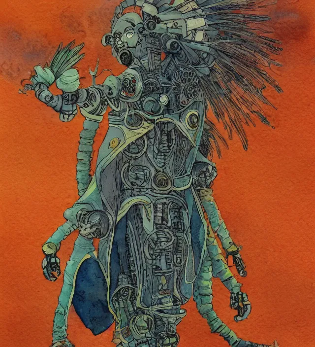 Prompt: a 3 / 4 view watercolor ink painting of a robot shaman / wizard casting a spell in the style of jean giraud in the style of moebius trending on artstation deviantart pinterest detailed realistic hd 8 k high resolution