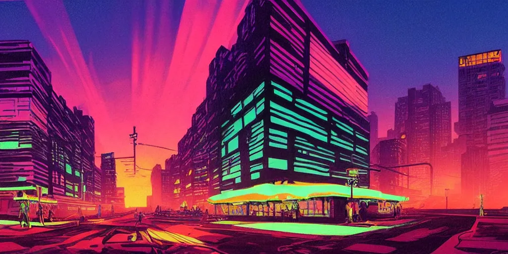 Prompt: brick apartment buildings street scene neon futuristic cyberpunk vaporwave tron glow sunset clouds sky illustration by syd mead