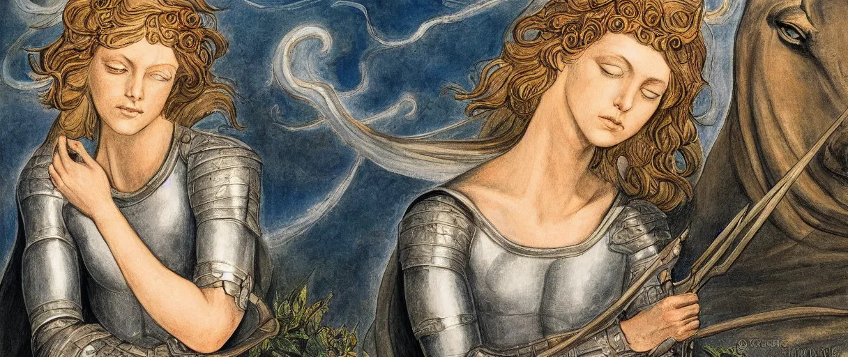 Image similar to beautiful jeanne d'arc in the style of william blake, terese nielsen, writ faith, 8 k resolution