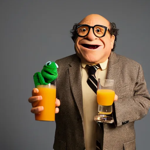 Prompt: portrait of skin cloth danny devito as a muppet muppet puppet in sesame street drinking a glass of orange juice, dlsr photo, studio lighting, sigma lens, rim light