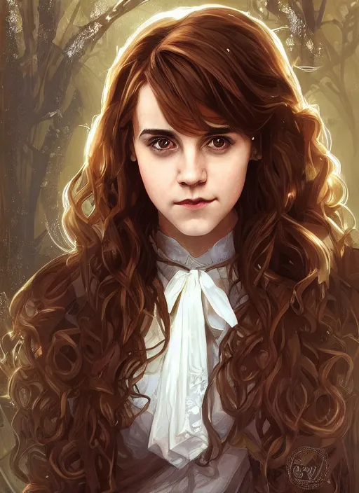 Image similar to hermione! granger! at hogwarts!! at the yule ball by emma watson. beautiful detailed face. by artgerm and greg rutkowski and alphonse mucha