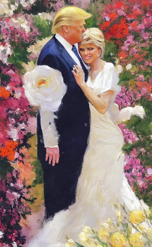 Image similar to romantic portrait of donald trump in an elegant dress surrounded by beautiful flowers, by gregory manchess, james gurney, james jean