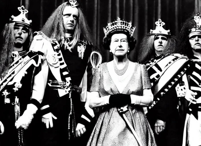 Image similar to publicity photo still of queen elizabeth in a death metal band playing live on stage, 8 k, live concert lighting, mid shot