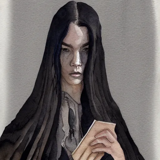 Image similar to full body detailed watercolor illustration of alien jennifer connelly mixed with anya taylor - joy, reading a book, unsettling, hooded long black feathered cloak, uncanny valley, with black feathers instead of hair, gothic, guillermo del toro, gray mottled skin, pale and sickly, profile view, - - ar 9 : 1 6