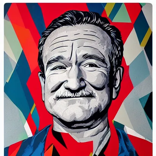 Prompt: robin williams street art mural by sachin teng x supreme : 1 high contrast, hard edges, matte painting, geometric shapes, masterpiece : 1