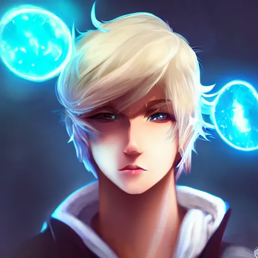 Image similar to league of legends character style of teenager cute boy, blonde hair, blue eyes, shows magic, close up, cinematic light, dark room, detailed, photo, 8K