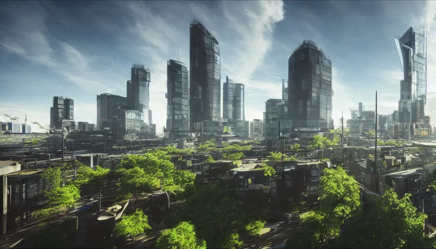 Image similar to futuristic glasgow with green buildings, green square, sunny day, volumetric light, reflections, hyperdetailed, artstation, cgsociety, 8 k