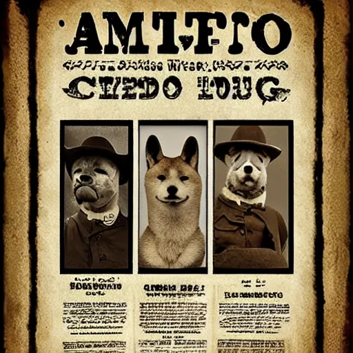 Image similar to shiba inu wanted poster old timey wild west, sepia photo curling paper