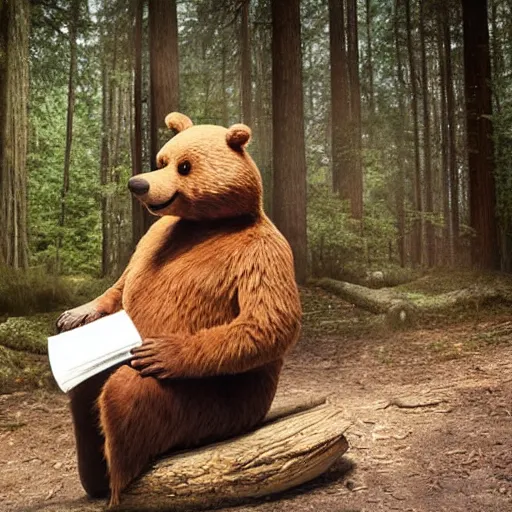 Image similar to UHD canndid photo of Yogi Bear squatting on a toilet in the woods, reading a newspaper, by Annie leibowitz, photorealisitc ,detailed