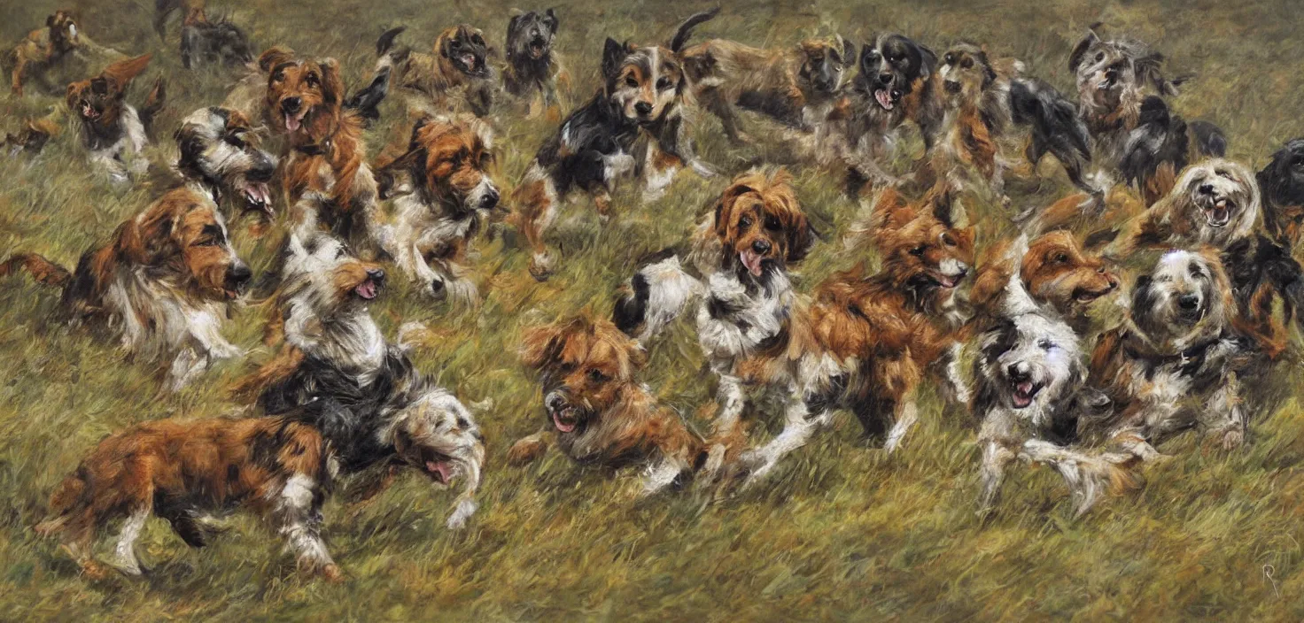 Image similar to cheerful painting of dogs at war, multiple points of focus, detailed painting by ralph goings, soft edges, tilt shift