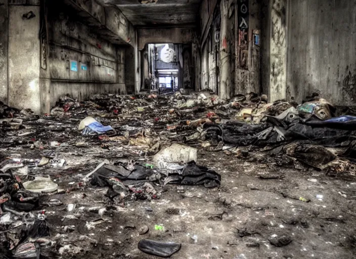 Prompt: dark, dirty, underground metro, abandoned, creepy, piles of trash and junk