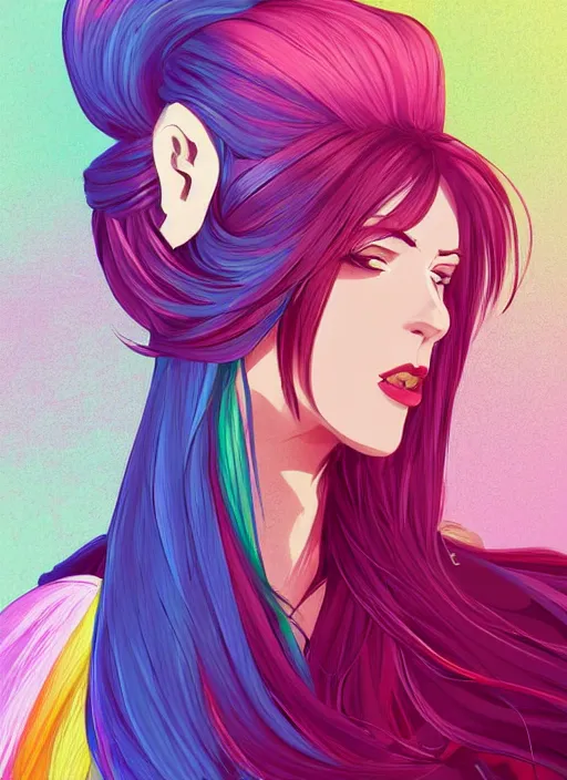Image similar to a young woman in full plate armor with beautiful rainbow hair and red lips in a dramatic pose. she is a knight. clean cel shaded vector art. shutterstock. behance hd by lois van baarle, artgerm, helen huang, by makoto shinkai and ilya kuvshinov, rossdraws, illustration, art by ilya kuvshinov