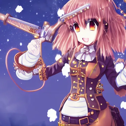 Prompt: anime girl with steampunk weapons stabbing giant marshmallows, surreal, lush, cute animation, anime, finely detailed, steampunk armor, copper, particles,