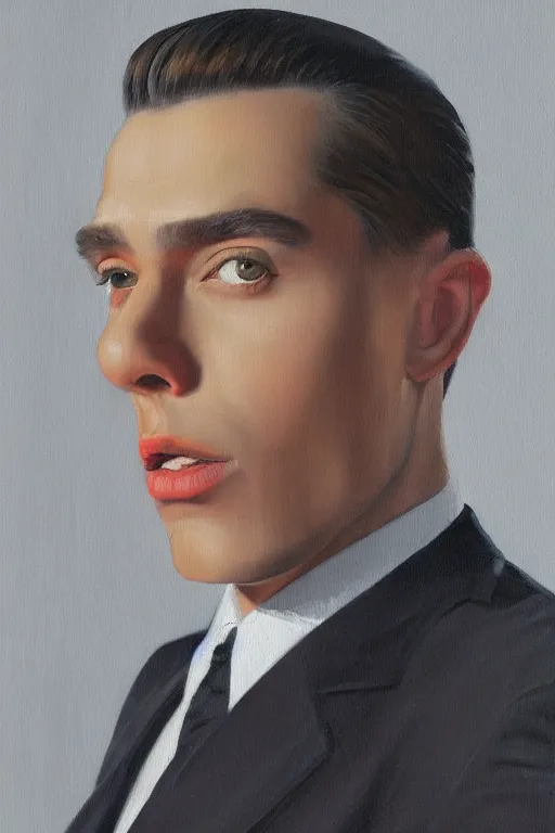 Image similar to a painting of a man wearing a suit and tie, portrait, a digital painting by Vladimir Tretchikoff, trending on Artstation, cloisonnism, digital painting, digital illustration, vaporwave