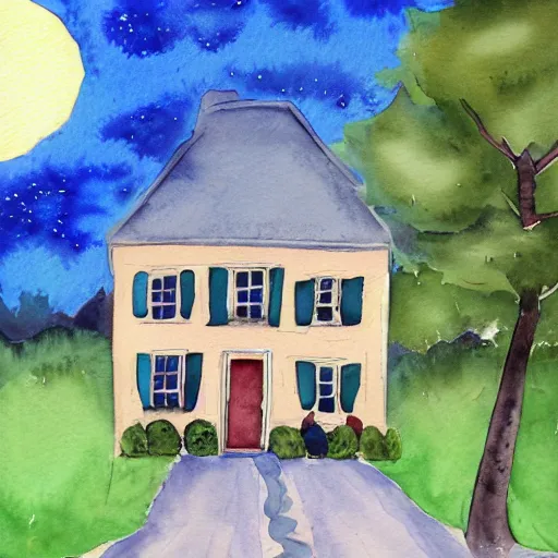 Prompt: watercolor painting of house on the moon