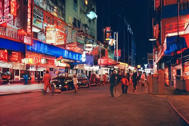 Image similar to outdoorsy guys club likes to look at the exteriors of urban architecture onion column shot by darius khondji wong kar-wai shot on film technicolor night time scenes reflections through windows red and blue lights orange lights busy nightlife in city scene melancholic quality