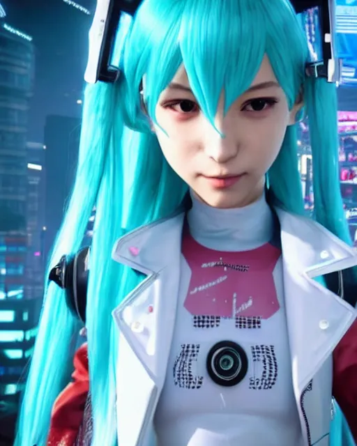 Prompt: Hatsune Miku in the role of Johnny Silverhand from Cyberpunk 2077, amazing short, 8K, IMAX, ultra detailed