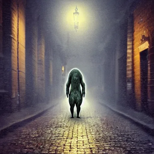 Image similar to terrifying alien creature walking through the center of old london city late at night, lamp lit street, oil painting, gloomy misty atmosphere, symmetrical, full body image, highly ornate intricate details, very sharp photo,