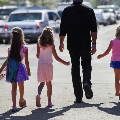 Prompt: jeffrey epstein walking two little girls into the sunset
