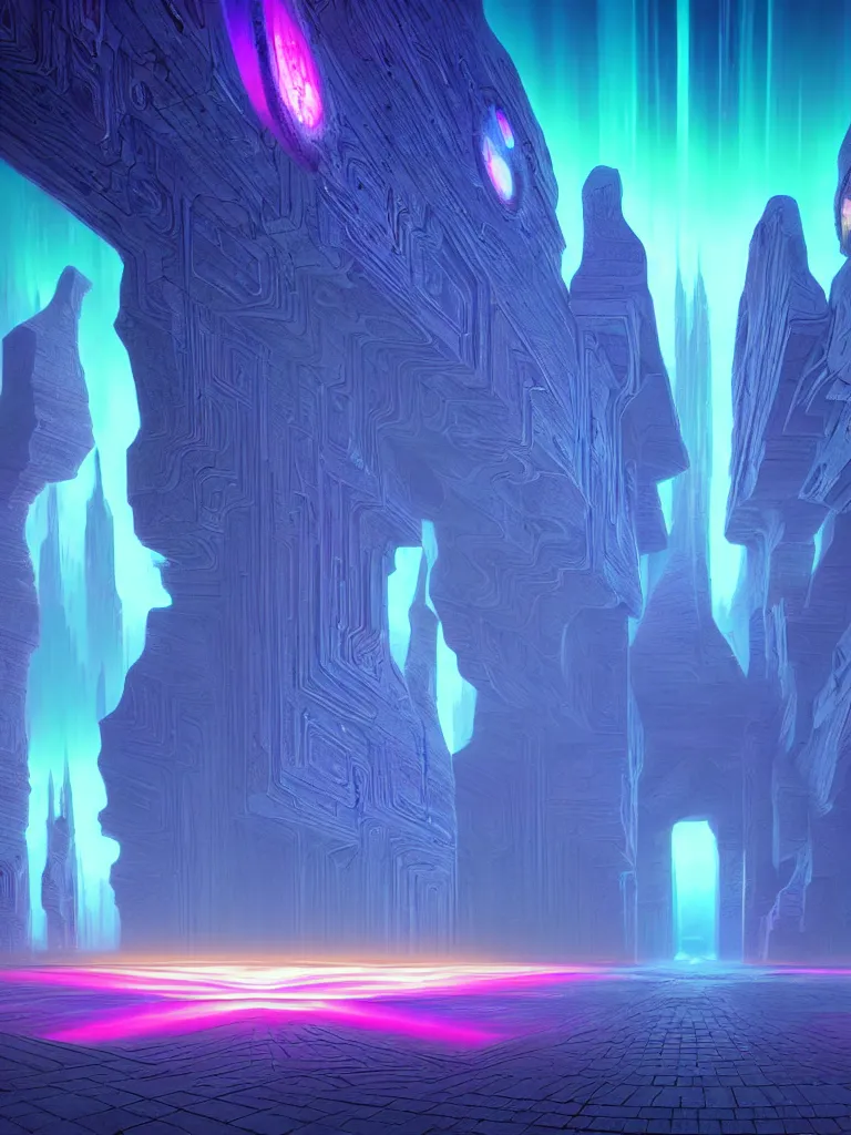 Image similar to entrance to ethereal realm, matrix enlightenment, rendered in unreal engine, central composition, symmetrical composition, dreamy colorful cyberpunk colors, 6 point perspective, fantasy landscape with anthropomorphic!!! terrain!!! in the styles of igor morski, jim warren and rob gonsalves, intricate, hyperrealistic, volumetric lighting, neon ambiance, distinct horizon